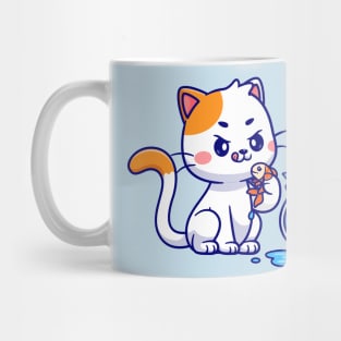 Cute Cat Holding Fish Cartoon Mug